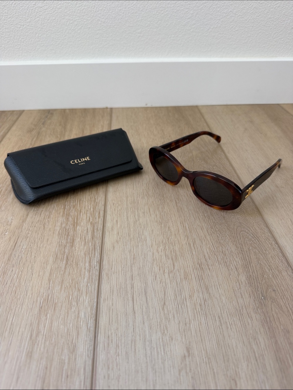 Celine Tortoiseshell Round Sunglasses with Gold Logo